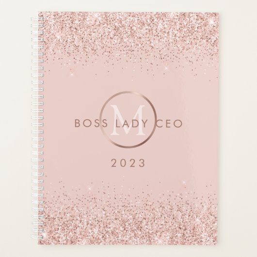 Blush Pink Glitter Boss Lady CEO Monogram 2023 Planner (Voorkant)