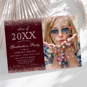 Blush Pink Glitter Burgundy Photo Afstuderen Kaart