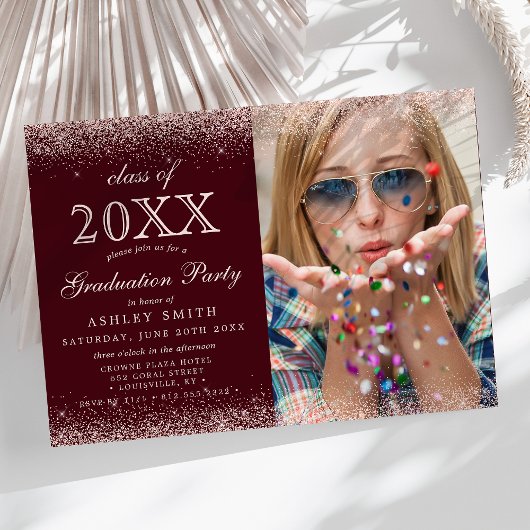 Blush Pink Glitter Burgundy Photo Afstuderen Kaart