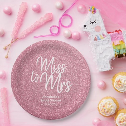 Blush Pink Glitter Chique Miss naar Mrs Vrijgezell Papieren Bordje (Feest)