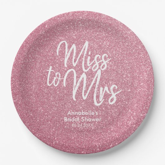Blush Pink Glitter Chique Miss naar Mrs Vrijgezell Papieren Bordje (Voorkant)