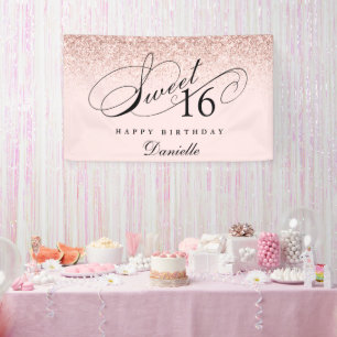 Blush Pink Glitter Confetti Sweet 16 Verjaardag Spandoek