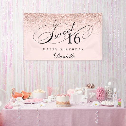 Blush Pink Glitter Confetti Sweet 16 Verjaardag Spandoek (Feest)
