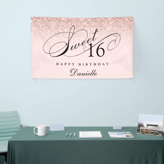 Blush Pink Glitter Confetti Sweet 16 Verjaardag Spandoek (Beurs)