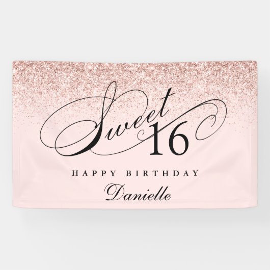 Blush Pink Glitter Confetti Sweet 16 Verjaardag Spandoek (Horizontaal)