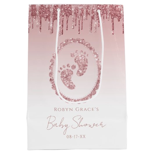 Blush Pink Glitter Drip Baby shower Gift Bag Medium Cadeauzakje (Achterkant)