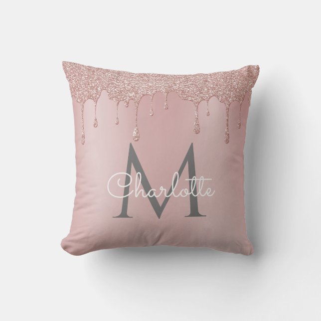 Blush Pink Glitter Drips Monogram Elegant Script Kussen (Voorkant)