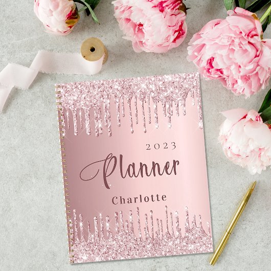 Blush pink glitter drips name script 2023 planner