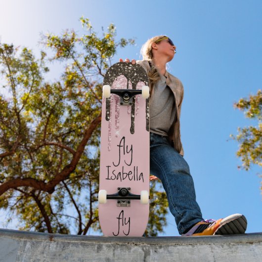Blush Pink Glitter Girly Sparkle Persoonlijke naam Persoonlijk Skateboard (Buiten 1)