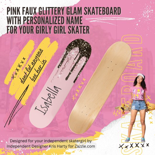 Blush Pink Glitter Girly Sparkle Persoonlijke naam Persoonlijk Skateboard