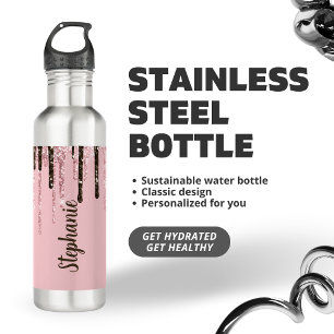 Blush Pink Glitter Girly Sparkle Persoonlijke naam Waterfles