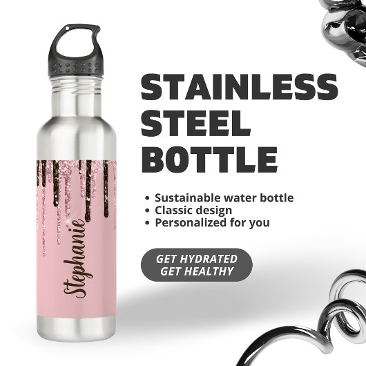 Blush Pink Glitter Girly Sparkle Persoonlijke naam Waterfles