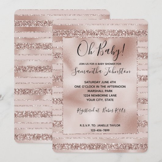 Blush Pink Glitter Glam Stripes Baby shower Kaart (Voorkant / Achterkant)