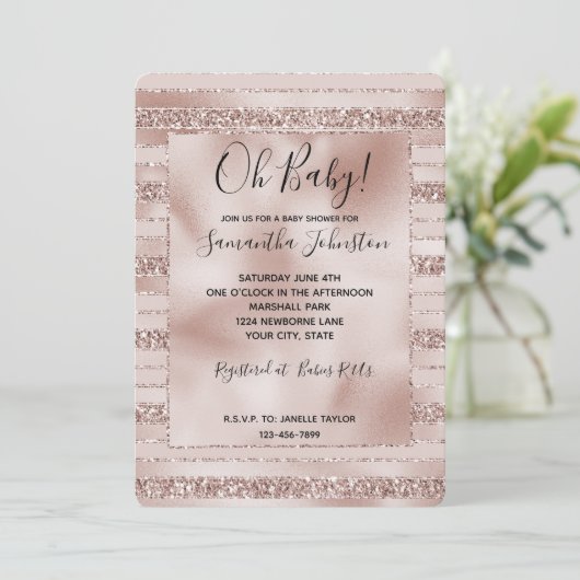 Blush Pink Glitter Glam Stripes Baby shower Kaart (Staand voorkant)