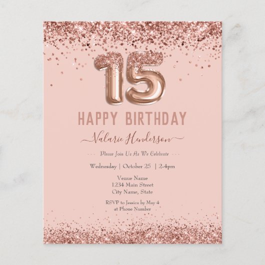 Blush Pink Glitter Happy 15th Birthday (Voorkant)