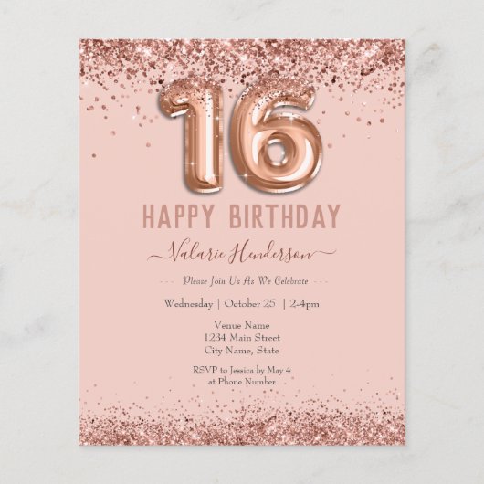 Blush Pink Glitter Happy 16th Birthday (Voorkant)