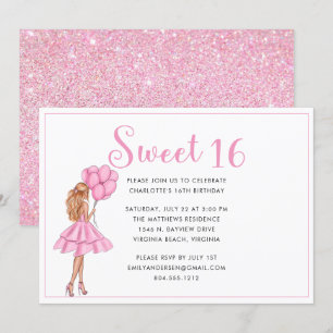 Blush Pink Glitter Modern Sweet 16 Birthday Party Kaart