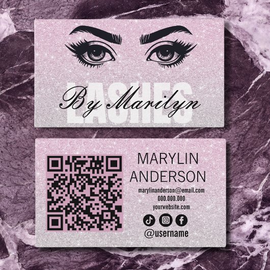Blush Pink Glitter Ombre Lash Tech QR-code Visitekaartje