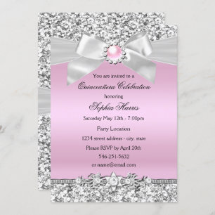 Blush Pink Glitter Pearl Bow Quinceanera Birthday Kaart