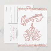 Blush Pink Glitter Quinceañera 15 Crown Invitation Uitnodiging Briefkaart (Voorkant / Achterkant)