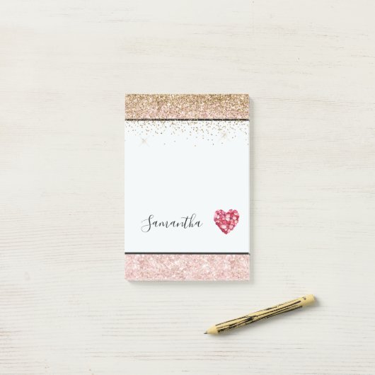Blush Pink Glitter Red Rose Petals Heart Post-it® Notes (Op bureau)
