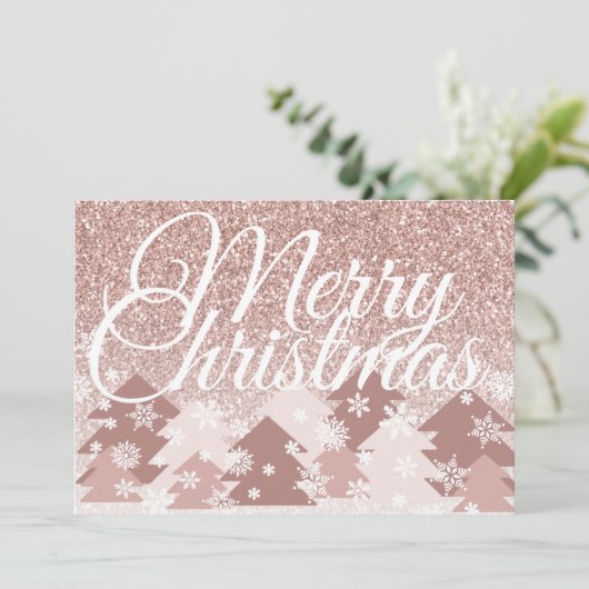 Blush Pink Glitter Vrolijk Kerstmis Roze Bomen Feestdagenkaart (Staand voorkant)