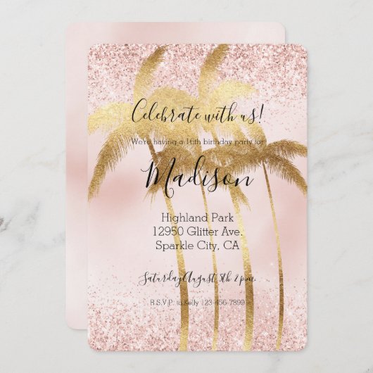 Blush Pink Glitz Glitter Gold Palm Trees Kaart (Voorkant / Achterkant)