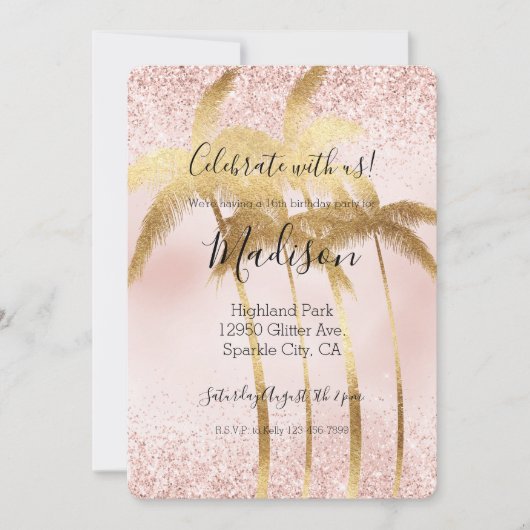 Blush Pink Glitz Glitter Gold Palm Trees Kaart (Voorkant)