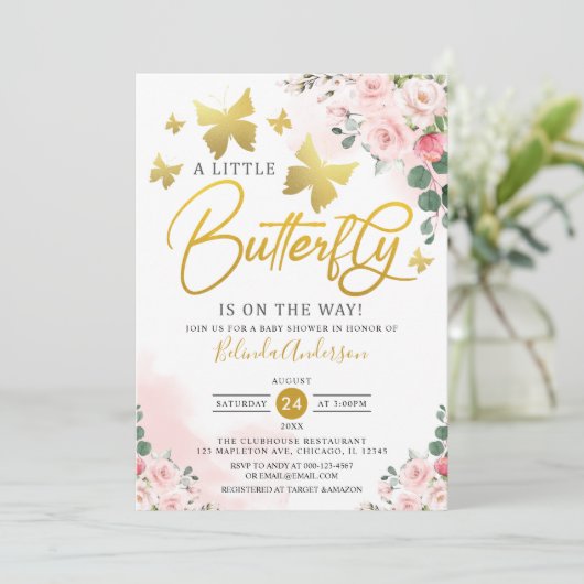 Blush Pink Gold A Little Butterfly Baby shower Kaart (Staand voorkant)