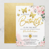 Blush Pink Gold A Little Butterfly Baby shower Kaart (Voorkant / Achterkant)