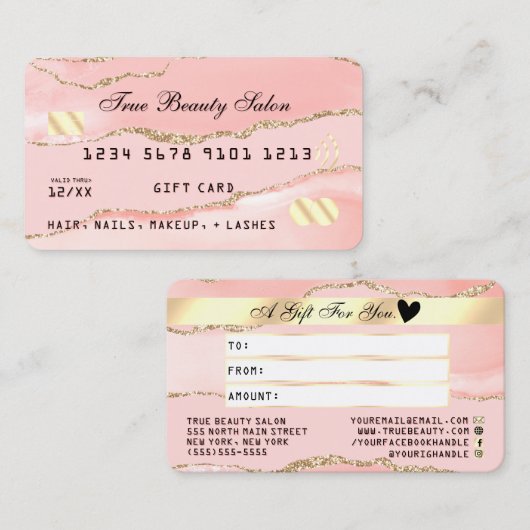 Blush Pink Gold Agaat Marmeren Krediet Gift Kaart Visitekaartje (Voorkant / Achterkant)