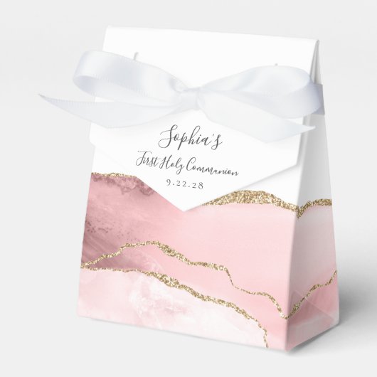 Blush Pink Gold Agaat Script Eerste Communie Bedankdoosjes (Voorkant Zijde)