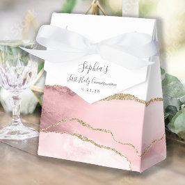 Blush Pink Gold Agaat Script Eerste Communie Bedankdoosjes
