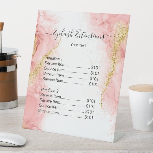 Blush Pink Gold Agate Beauty Makeup Salon Price Reclamebord Met Voetstuk (Insitu)