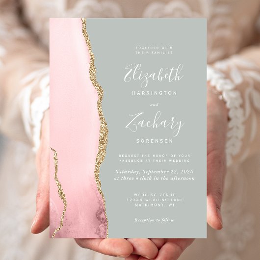 Blush Pink Gold Agate Bleek Sage Green Wedding Kaart
