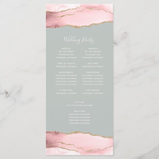 Blush Pink Gold Agate Bleek Sage Green Wedding Programmakaart (Achterkant)
