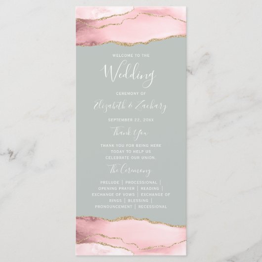 Blush Pink Gold Agate Bleek Sage Green Wedding Programmakaart (Voorkant)