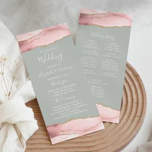 Blush Pink Gold Agate Bleek Sage Green Wedding Programmakaart