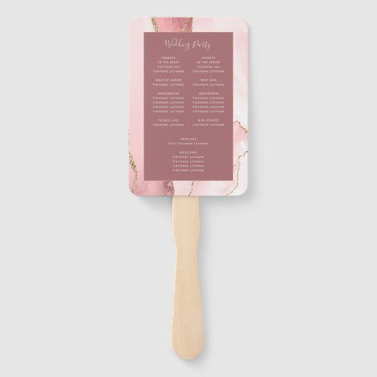Blush Pink Gold Agate Dusty Roos Weddenprogramma Handwaaier (Achterkant)