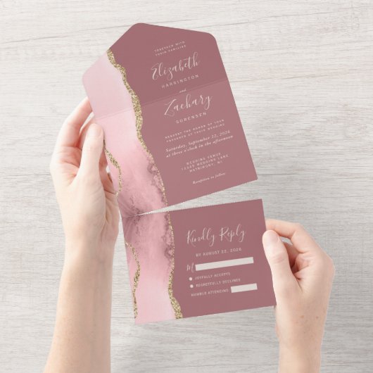 Blush Pink Gold Agate Dusty Roos Weddenschap All In One Uitnodiging (Afscheurbaar)