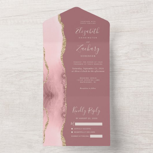 Blush Pink Gold Agate Dusty Roos Weddenschap All In One Uitnodiging (Binnen)