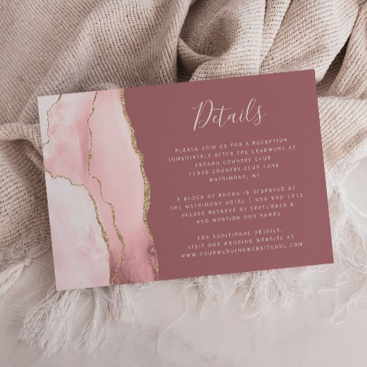 Blush Pink Gold Agate Dusty Roos Weddenschap Detai Informatiekaartje