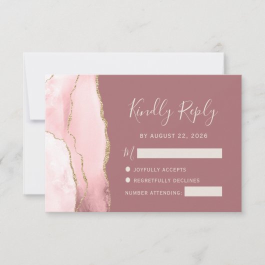 Blush Pink Gold Agate Dusty Roos Wedding RSVP Kaar (Voorkant)