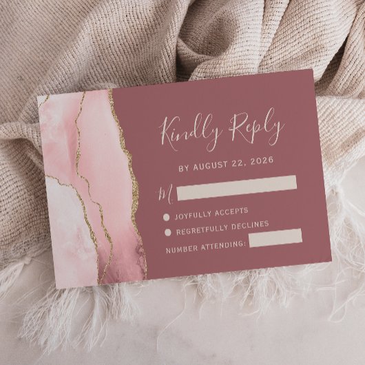 Blush Pink Gold Agate Dusty Roos Wedding RSVP Kaar