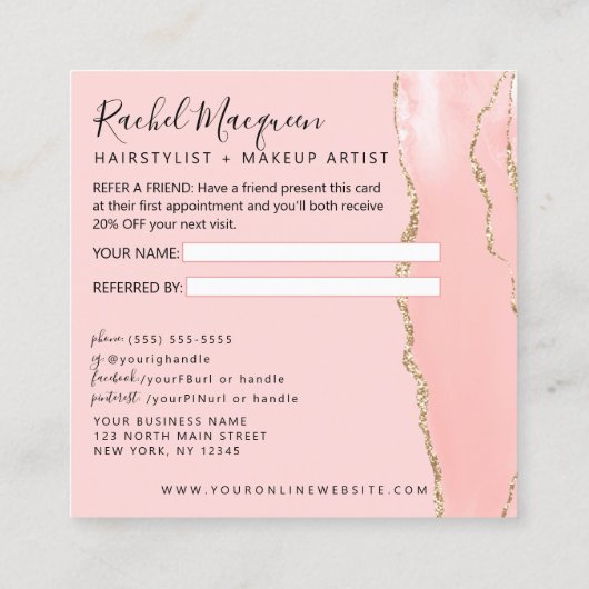 Blush Pink Gold Agate Marble Aanbevelingskaartje (Achterkant)