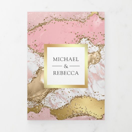 Blush Pink Gold Agate Marble QR Code Weddenschap Drieluik Uitnodiging (Cover)