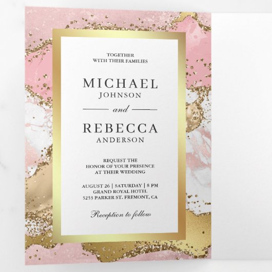 Blush Pink Gold Agate Marble QR Code Weddenschap Drieluik Uitnodiging (Binnenzijde eerst)