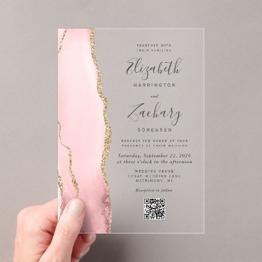 Blush Pink Gold Agate QR Code Wedding Acryl Uitnodigingen (Insitu (Draagbaar))