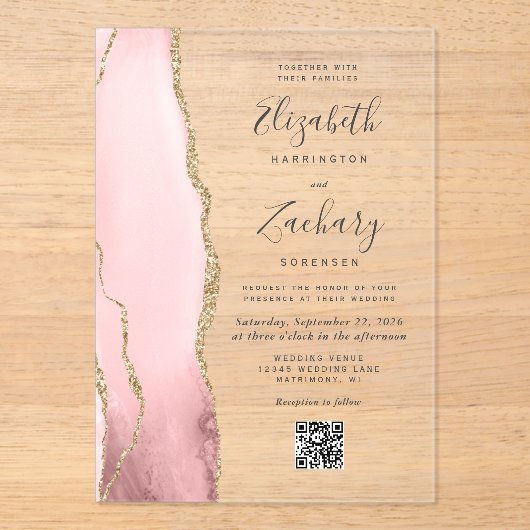 Blush Pink Gold Agate QR Code Wedding Acryl Uitnodigingen (Voorkant)