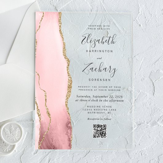 Blush Pink Gold Agate QR Code Wedding Acryl Uitnodigingen